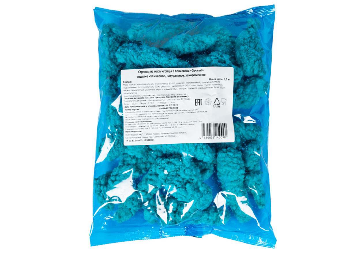 Стрипсы куриные в панировке цельномышечные "Сочные", Водный мир, Россия