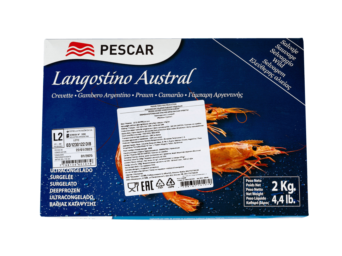 Креветка красная аргентинская с/м с/г в панц. L2 (21/30), 2кг, Аргентина